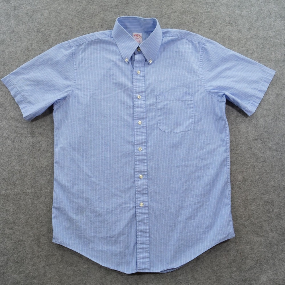 Brooks Brothers 346 Shirt Mens 15.5 Blue Stripe Regular Fit Short Sleeve Cotton